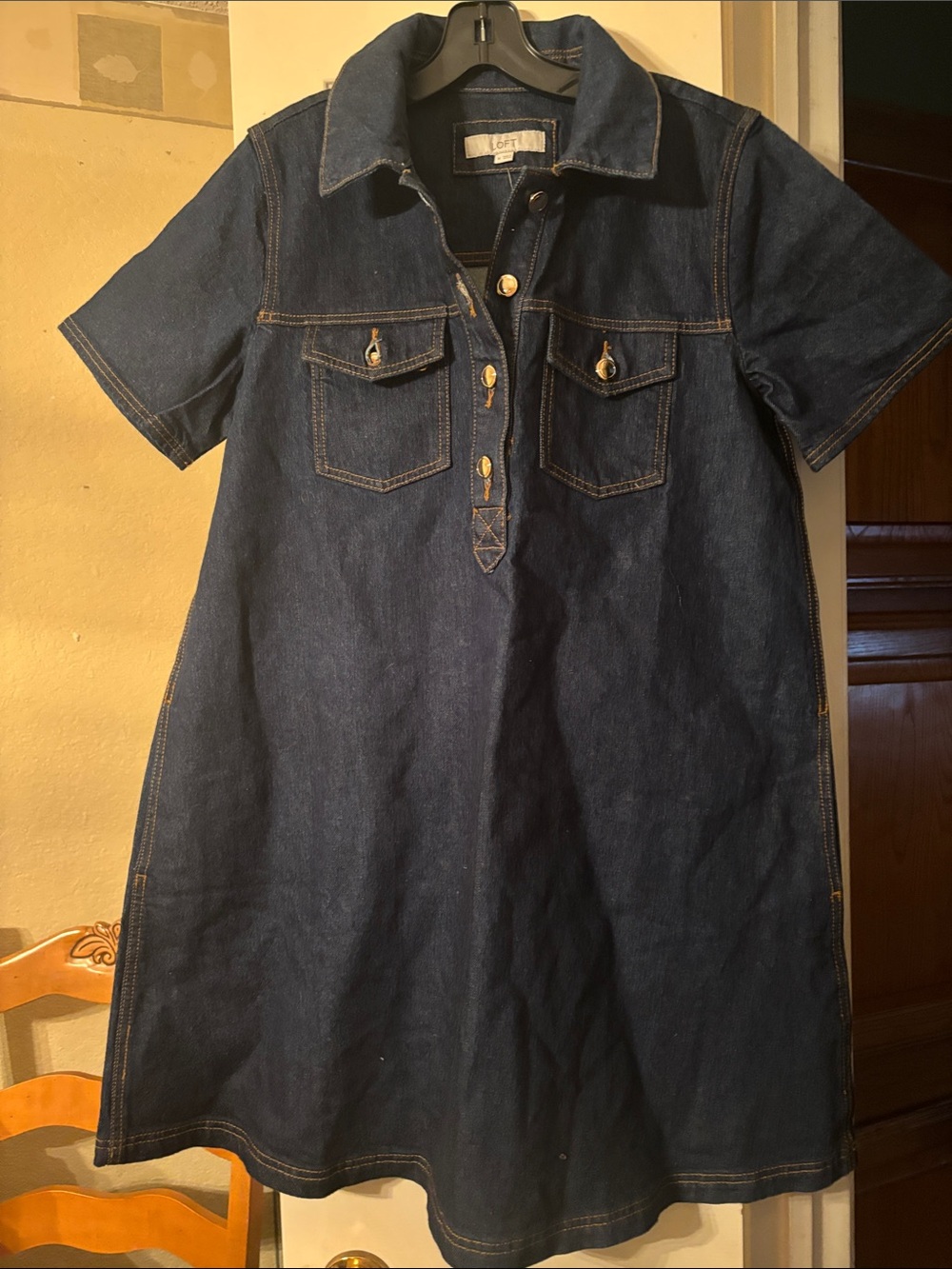 LOFT Dark Blue Denim Short-Sleeve Shirt Dress